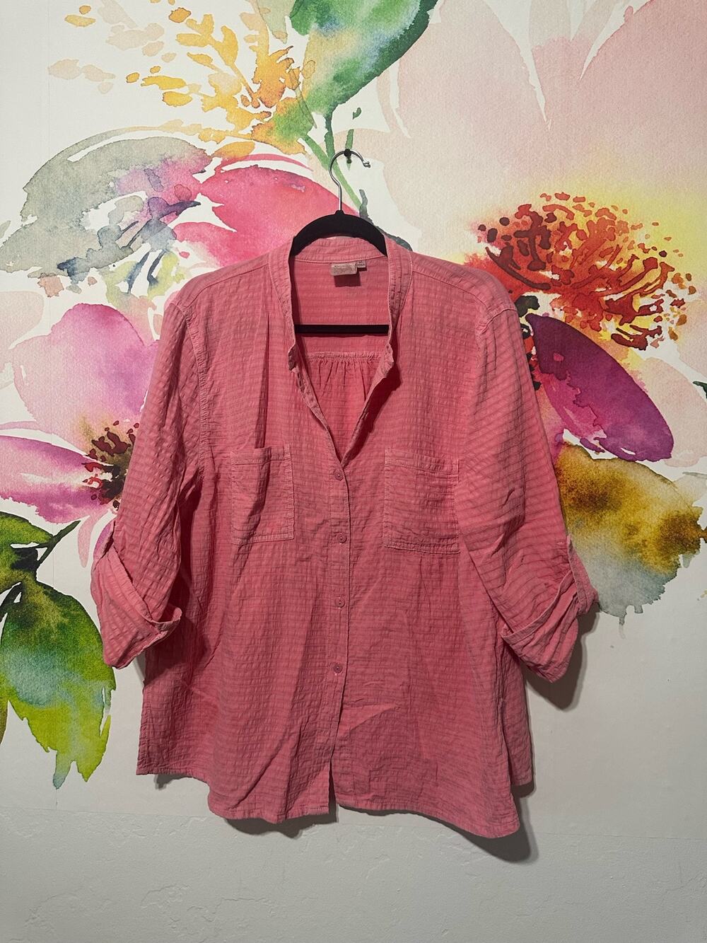 Focus Button Up Pink Shirt - Size XL - Linen Like Lightweight Fabric